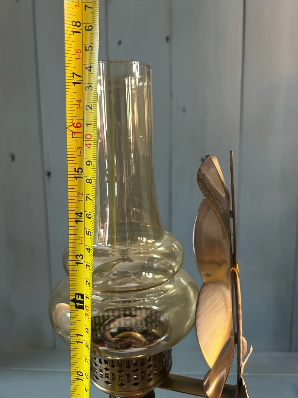 Vintage “Brite Metal” Brass & Wood Table Candle Lamp - Amber Glass Chimney